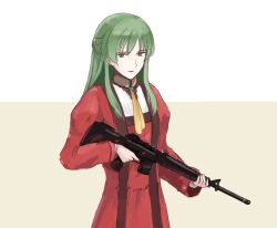 1girl dress elin_(game) gem green_brooch green_eyes green_gemstone green_hair gun half_updo highres holding holding_gun holding_weapon long_hair long_sleeves necktie older_younger_sister_(elin) red_dress rgaer65 sidelocks solo turtleneck turtleneck_dress weapon yellow_necktie