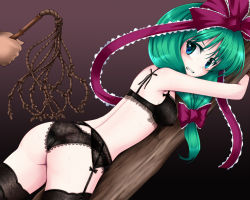 Rule 34 | 1girl, ass, bdsm, blue eyes, bondage, bound, bra, breasts, clenched teeth, female focus, front ponytail, garter belt, green hair, kagiyama hina, lace, lace-trimmed bra, lace-trimmed legwear, lace trim, lingerie, looking back, panties, ribbon, scared, shimo (depthbomb), solo, teeth, thighhighs, touhou, underwear, underwear only, wedgie, whip