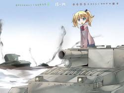 Rule 34 | 10s, 1girl, :d, akatoro (nightlord), alice cartelet, arm support, blonde hair, blue eyes, bow, bowtie, cardigan, day, flat chest, fv304, gameplay mechanics, hair ornament, kin-iro mosaic, looking at viewer, military, military vehicle, motor vehicle, open cardigan, open clothes, open mouth, outdoors, pleated skirt, school uniform, short hair, short twintails, skirt, sky, smile, smoke, solo, tank, twintails, vehicle, world of tanks