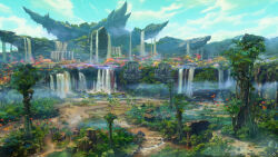 Rule 34 | artist request, blue sky, building, cliff, cloud, company name, copyright name, copyright notice, day, final fantasy, final fantasy xiv, forest, from above, highres, landscape, nature, no humans, official art, outdoors, scenery, simple bird, sky, tree, water, waterfall