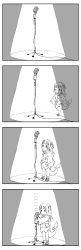 Rule 34 | 1girl, 4koma, absurdres, comic, fins, fish tail, gawr gura, greyscale, hair ornament, height difference, highres, hololive, hololive english, hood, hood down, long hair, microphone, microphone stand, monochrome, petite, shark hair ornament, shark tail, spotlight, tail, two side up, vanilla itachi, virtual youtuber