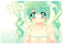 Rule 34 | 1girl, absurdres, animal ears, flat chest, green eyes, green hair, highres, holding, holding clothes, holding panties, holding underwear, inuneko, long hair, matching hair/eyes, non-web source, panties, shy, solo, twintails, underwear