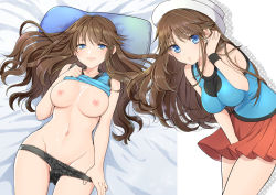 Rule 34 | 1girl, bed sheet, between legs, black panties, blue eyes, blue shirt, breasts, brown hair, cleavage, closed mouth, clothes lift, collarbone, creatures (company), earrings, floating hair, from above, game freak, green (pokemon), groin, hair between eyes, hand between legs, hand in own hair, hat, jewelry, large breasts, leaning forward, lifted by self, long hair, looking at viewer, lying, miniskirt, mokorei, nintendo, nipples, on back, panties, panty pull, pleated skirt, pokemon, pokemon adventures, pokemon frlg, pulled by self, red skirt, shirt, shirt lift, skirt, sleeveless, sleeveless shirt, smile, underwear, very long hair, white headwear