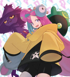 Rule 34 | 1girl, :d, absurdres, bellibolt, bike shorts, commentary request, creatures (company), eyelashes, game freak, gen 4 pokemon, green hair, highres, iono (pokemon), jacket, long hair, looking at viewer, looking down, mismagius, multicolored hair, nintendo, open mouth, pink hair, pokemon, pokemon (creature), pokemon sv, purple eyes, single leg pantyhose, sleeves past fingers, sleeves past wrists, smile, star (symbol), star print, teeth, twintails, two-tone hair, upper teeth only, yarutetsu, yellow jacket