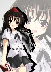 Rule 34 | 1girl, belt, black hair, black ribbon, black wings, blush, book, cowboy shot, feathered wings, female focus, hat, holding, holding book, looking at viewer, open mouth, red eyes, ribbon, shameimaru aya, simple background, solo, standing, t (dyuhuhudyukusi), t (pixiv), tokin hat, touhou, white background, wings, zoom layer