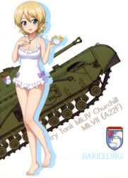 Rule 34 | 10s, 1girl, :d, absurdres, barefoot, blonde hair, blue eyes, bow, braid, breasts, casual one-piece swimsuit, character name, churchill (tank), cleavage, collarbone, cup, darjeeling (girls und panzer), flower, frilled swimsuit, frills, girls und panzer, hair between eyes, highres, holding, jewelry, long hair, medium breasts, military, military vehicle, motor vehicle, necklace, one-piece swimsuit, open mouth, purple bow, short hair, smile, solo, swept bangs, swimsuit, tank, teacup, thighs, white background, white flower, white one-piece swimsuit