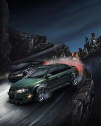 Rule 34 | andrew mytro, audi, audi s4, audi tt, canyon, car, city, commentary, commission, drifting, english commentary, glowing, highres, making-of available, motor vehicle, need for speed, need for speed: carbon, night, night sky, no humans, original, parody, sky, smoke, vehicle focus