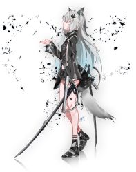 Rule 34 | 1girl, absurdres, animal ear fluff, animal ears, arknights, bare legs, black footwear, black jacket, black shorts, error1980, from side, full body, hair ornament, hairclip, hand up, high collar, highres, holding, holding sword, holding weapon, jacket, lappland (arknights), left-handed, long hair, long sleeves, material growth, oripathy lesion (arknights), profile, shoes, short shorts, shorts, silver hair, simple background, smile, solo, standing, sword, tail, weapon, white background, wolf ears, wolf tail