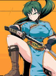 Rule 34 | &gt;;(, 1girl, bare legs, black gloves, blue dress, boots, breasts, brown footwear, china dress, chinese clothes, closed mouth, dress, earrings, female focus, fingerless gloves, fire emblem, fire emblem: the blazing blade, floating hair, gloves, green eyes, green hair, high ponytail, highres, holding, holding sword, holding weapon, jewelry, katana, kneeling, large breasts, legs, long hair, looking at viewer, lyn (fire emblem), nintendo, one eye closed, on one knee, orange background, pelvic curtain, ponytail, sash, serious, sheath, shimure (460), short sleeves, side slit, solo, spread legs, sword, thighs, tsurime, unsheathing, weapon, wince