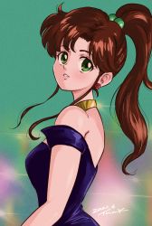 Rule 34 | 1girl, 2021, absurdres, alternate costume, bare shoulders, bishoujo senshi sailor moon, blue dress, brown hair, choker, dated, dress, earrings, flower earrings, formal, from side, gold choker, green eyes, hair bobbles, hair ornament, high ponytail, highres, jewelry, kino makoto, long hair, looking back, multicolored background, parted bangs, parted lips, sidelocks, signature, simple background, solo, strapless, strapless dress, stud earrings, tsunemoku, very long hair