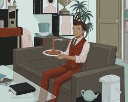 Rule 34 | 1boy, 23011620x, ace attorney, antenna hair, apollo justice, apollo justice: ace attorney, blue necktie, bracelet, brown hair, closed mouth, collared shirt, couch, door, food, fork, guillotine, hat, highres, holding, indoors, instrument, jewelry, male focus, necktie, on couch, pants, piano, plant, plate, red pants, red vest, shirt, short hair, sitting, solo, table, teapot, top hat, unworn headwear, upright piano, vest, white shirt
