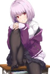 Rule 34 | 10s, 1girl, black pantyhose, black skirt, blush, breasts, clothes lift, collared shirt, commentary request, desk, feet, gridman universe, grin, hands on own knees, highres, hood, hood down, hooded jacket, interlocked fingers, jacket, knee up, large breasts, light purple hair, long sleeves, looking at viewer, md5 mismatch, nanaku teiru, no shoes, off shoulder, on desk, panties, panties under pantyhose, pantyhose, parted lips, pleated skirt, purple neckwear, red eyes, resolution mismatch, revision, school desk, school uniform, see-through, shinjou akane, shirt, short hair, simple background, sitting, skirt, skirt lift, smile, solo, source larger, ssss.gridman, toes, underwear, white background, white shirt