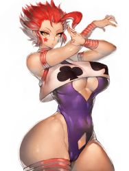 Rule 34 | 1girl, ahoge, armlet, breasts, card, club (shape), covered navel, curvy, fumio (rsqkr), genderswap, genderswap (mtf), highres, hisoka morow, hunter x hunter, large breasts, leotard, looking at viewer, navel, playing card, purple leotard, red hair, spade (shape), spiked hair, star (symbol), tattoo, teardrop, teardrop tattoo, thick thighs, thighlet, thighs, white background, white hair, yellow eyes