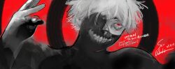 Rule 34 | 1boy, absurdres, cracking knuckles, english text, eyepatch, highres, ishida sui, kaneki ken, long sleeves, male focus, mask, red eyes, short hair, signature, simple background, solo, tokyo ghoul, translation request, upper body, white hair