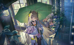 Rule 34 | 1girl, absurdres, arknights, ash-c, birdcage, black pants, blunt ends, bouquet, cage, chinese commentary, coat, commentary request, flower, green umbrella, highres, holding, holding bouquet, holding umbrella, infection monitor (arknights), lab coat, lantern, laurel crown, light brown hair, long hair, long sleeves, looking at viewer, mole, mole under eye, muelsyse (arknights), orange eyes, outdoors, pants, pink flower, pink rose, plant, pointy ears, rain, red flower, reflection, rose, shirt, smile, solo, umbrella, white coat, white shirt, window
