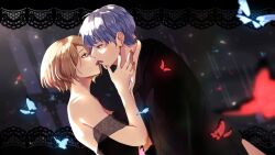 Rule 34 | 1boy, 1girl, absurdres, bare shoulders, black jacket, blue hair, breasts, brown hair, bug, butterfly, commentary, commission, curtains, dress, hetero, highres, imminent kiss, insect, jacket, kaito (vocaloid), medium breasts, meiko (vocaloid), off-shoulder dress, off shoulder, short hair, solo, vocaloid, yen-mi