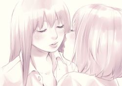 Rule 34 | 2girls, blush, collarbone, closed eyes, facing another, highres, imminent kiss, lips, long hair, macosee, monochrome, multiple girls, open clothes, open shirt, original, parted lips, profile, shirt, short hair, upper body, yuri