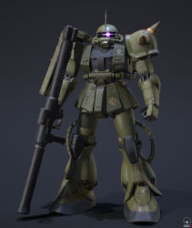 Rule 34 | 3d, absurdres, bazooka (gundam), cable, commentary, damaged, dirty, emblem, english commentary, engrish commentary, glowing, glowing eye, gradient background, gundam, highres, hose, looking at viewer, magiccoffee, mecha, mobile suit, mobile suit gundam, purple eyes, radio antenna, realistic, robot, roundel, science fiction, shadow, shield, shoulder spikes, signature, single eye, solo, spikes, zaku, zaku ii, zeon