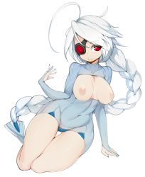 Rule 34 | 1girl, absurdres, ahoge, arm support, blazblue, blue unitard, braid, breasts, breasts apart, breasts out, closed mouth, collarbone, commentary, covered navel, eyepatch, eyes visible through hair, gluteal fold, highres, legs together, long hair, looking at viewer, medium breasts, nail polish, nipples, nu-13, pale skin, red eyes, shiny clothes, shiny skin, silver hair, simple background, sitting, skin tight, slugbox, solo, thigh gap, unitard, white background