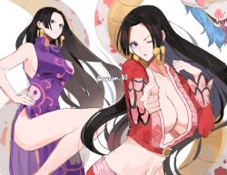 Rule 34 | 1girl, bad id, bad twitter id, black hair, blue eyes, boa hancock, breasts, cleavage, commentary, commentary request, crop top, dress, earrings, hand on own hip, hime cut, jewelry, joman, korean commentary, large breasts, long hair, looking at viewer, one eye closed, one piece, pink sash, profile, purple dress, salome (one piece), sash, side slit, simple background, sleeveless, sleeveless dress, snake, snake earrings, standing, standing on one leg, stomach, thighs, white background