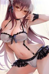 Rule 34 | 1girl, armpits, bare shoulders, bikini, blush, breasts, choker, cleavage, fate/grand order, fate (series), frills, glasses, hair between eyes, halterneck, hand up, highres, large breasts, long hair, looking at viewer, maid, maid bikini, maid headdress, navel, purple hair, red eyes, revision, scathach (fate), seiru (prairie), shiny skin, sidelocks, solo, stomach, swimsuit, thighs, unconventional maid, very long hair, wrist cuffs
