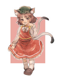 Rule 34 | 1girl, :d, absurdres, animal ear fluff, animal ears, blush, bobby socks, border, bow, bowtie, brown eyes, brown footwear, brown hair, cat ears, cat tail, chen, fang, fingernails, full body, green hat, hand up, hat, highres, long fingernails, long sleeves, looking at viewer, matcha modoki (mutou 444), mob cap, multiple tails, nail polish, nekomata, open mouth, outside border, red background, red nails, red skirt, red vest, sharp fingernails, shirt, simple background, skin fang, skirt, smile, socks, solo, standing, tail, touhou, two tails, vest, white background, white border, white bow, white bowtie, white shirt, white socks