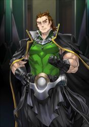 Rule 34 | 1boy, abs, arc system works, artist request, belt buckle, blazblue, blazblue alternative: dark war, brown hair, buckle, cape, drei (xblaze code: embryo), gloves, green tank top, hair pulled back, hair slicked back, highres, jacket, jacket on shoulders, looking at viewer, male focus, muscular, muscular male, official art, red eyes, solo, tank top, third-party source, xblaze, xblaze code: embryo
