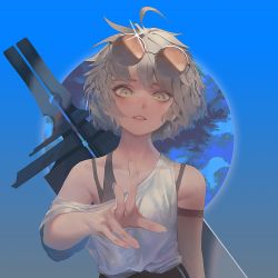 Rule 34 | 1girl, ahoge, bra strap, brown-tinted eyewear, commentary request, eyewear on head, fingernails, glint, grey hair, highres, looking at viewer, off shoulder, open mouth, original, outstretched arm, parted lips, reaching, reaching towards viewer, rsef, sanpaku, shirt, short hair, solo, sunglasses, sunglasses on head, tinted eyewear, upper body, weapon, weapon on back, white shirt, yellow eyes