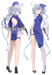 Rule 34 | 1girl, absurdres, back, berserker r, blue dress, blue eyes, blue hair, blush, breasts, china dress, chinese clothes, dress, full body, furina (genshin impact), genshin impact, grey hair, highres, light blue hair, long hair, looking at viewer, multicolored hair, multiple views, open mouth, small breasts, smile, streaked hair, tagme