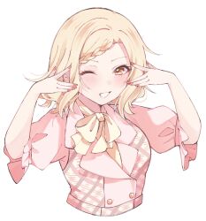 Rule 34 | 1girl, alternate hairstyle, blonde hair, blush, bow, commentary, commentary request, cropped torso, dress, highres, long sleeves, looking at viewer, love live!, love live! nijigasaki high school idol club, medium hair, miyashita ai, notyu maru, one eye closed, orange eyes, pink dress, plaid, plaid vest, request for u, smile, solo, vest, white background, yellow bow