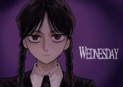 Rule 34 | 1girl, addams family, braid, english text, expressionless, highres, looking at viewer, nakabe815, purple background, solo, twin braids, upper body, wednesday addams