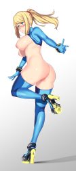 Rule 34 | absurdres, ass, aster crowley, blonde hair, blue bodysuit, blue eyes, bodysuit, boots, breasts, butt crack, censored, cleft of venus, commentary, elbow gloves, full body, gloves, hair tie, high heel boots, high heels, high ponytail, highres, impossible bodysuit, impossible clothes, large breasts, metroid, mole, mole under mouth, mosaic censoring, nintendo, nipples, ponytail, pussy, samus aran, shrug (clothing), sidelocks, skin tight, solo, thighhighs, white background