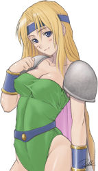 Rule 34 | 1990s (style), 1girl, armor, belt, blonde hair, blue eyes, blush, breasts, cape, celes chere, cleavage, clenched hand, contrapposto, covered erect nipples, cowboy shot, final fantasy, final fantasy vi, from side, head tilt, headband, highleg, highleg leotard, large breasts, leotard, light smile, long hair, looking at viewer, parted bangs, pauldrons, retro artstyle, shoulder armor, shoulder pads, signature, simple background, sketch, smile, solo, standing, taut clothes, vambraces, very long hair, white background, yukihiro