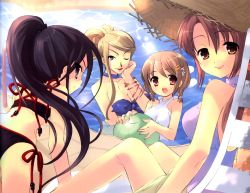 Rule 34 | 00s, 4girls, all fours, angry, ass, back, ball, bandeau, beachball, bikini, black bikini, black hair, blonde hair, blue eyes, blush, braid, breasts, brown hair, casual one-piece swimsuit, chair, choker, cleavage, day, embarrassed, flat chest, from behind, hair ornament, hairclip, hat, head rest, ito noizi, large breasts, lipstick, long hair, looking back, lounge chair, makeup, margery daw, mature female, multiple girls, official art, one-piece swimsuit, one eye closed, outdoors, parted bangs, pink hair, ponytail, pool, poolside, red eyes, red lips, sakai chigusa, sarong, shakugan no shana, shana, short hair, side-tie bikini bottom, sitting, smile, straw hat, submerged, sweatdrop, swimsuit, twin braids, very long hair, water, wink, yellow eyes, yoshida kazumi