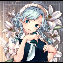 Rule 34 | 1girl, absurdres, bad id, bad pixiv id, blue dress, blue eyes, braid, breasts, chiyu (kumataro0x0), commentary, dress, flower, green ribbon, grey background, hair ribbon, hand up, head tilt, highres, holding, holding knife, holding weapon, izayoi sakuya, knife, letterboxed, looking at viewer, maid, maid headdress, medium breasts, parted lips, puffy short sleeves, puffy sleeves, reverse grip, ribbon, shadow, shirt, short sleeves, silver hair, smile, solo, striped, striped background, swept bangs, symbol-only commentary, touhou, twin braids, upper body, vertical stripes, weapon, white flower, white shirt