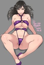 Rule 34 | 1girl, agawa ryou, artist name, belly, black hair, breasts, brown eyes, cleavage, cleft of venus, commentary, dated, covered erect nipples, grey background, high heels, large breasts, looking at viewer, navel, original, signature, simple background, smile, solo, thick thighs, thighs