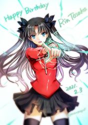 Rule 34 | 1girl, 2021, black ribbon, black skirt, black thighhighs, blue eyes, brown hair, character name, dated, fate/stay night, fate (series), happy birthday, highres, mintes, open mouth, outstretched arm, red sweater, ribbon, skirt, solo, sweater, thighhighs, tohsaka rin, turtleneck, turtleneck sweater, twitter username, white background, zettai ryouiki