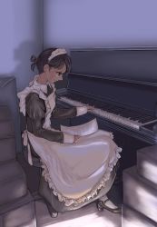Rule 34 | 1girl, amano takumi, folded ponytail, highres, holding, instrument, looking down, maid, mary janes, original, paper, piano, profile, shoes, sitting, smile, solo, upright piano