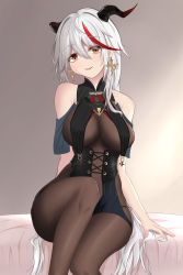 Rule 34 | 1girl, absurdres, aegir (azur lane), azur lane, black bodysuit, blush, bodysuit, breast curtains, breasts, brown eyes, chinese commentary, commentary, corset, covered navel, cross, cross earrings, curvy, demon horns, earrings, english commentary, feet out of frame, hair between eyes, hair intakes, highres, horns, iron cross, jewelry, large breasts, long hair, looking at viewer, mixed-language commentary, multicolored hair, on bed, parted lips, qingshuisi yu ji, red hair, silver hair, sitting, skin tight, sleeveless, smile, solo, streaked hair, two-tone hair, underbust, very long hair