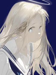Rule 34 | 1girl, absurdres, blonde hair, blue background, blue eyes, chinese commentary, closed mouth, commentary request, dabanya380, halo, highres, kofune ushio, long hair, looking at viewer, sailor collar, school uniform, shirt, simple background, solo, summertime render, upper body, white shirt