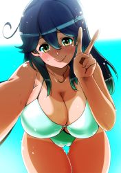 Rule 34 | 10s, 1girl, bikini, blush, breasts, cleavage, commentary request, curvy, female focus, kantai collection, large breasts, looking at viewer, one-piece swimsuit, perepere-kun, shiny skin, smile, solo, swimsuit, tan, tanline, ushio (kancolle), v