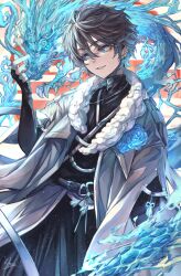 Rule 34 | 1boy, bishounen, black gloves, black hair, blue eyes, blue flower, character request, chinese zodiac, copyright request, dragon, fingerless gloves, flower, fur collar, gloves, highres, jacket, jewelry, male focus, necklace, new year, short hair, smile, solo, year of the dragon, yoru shiki