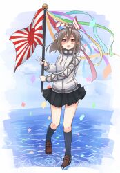 1girl :d black_skirt black_socks blush brown_eyes brown_footwear brown_hair commentary_request confetti cosplay daidaiiro flag hayasui_(kancolle) hayasui_(kancolle)_(cosplay) headband highres holding holding_flag jacket kantai_collection kneehighs loafers long_hair looking_at_viewer open_mouth pleated_skirt ponytail ripples rising_sun_flag shoes skirt smile socks solo sunburst walking walking_on_liquid water white_jacket zuihou_(kancolle)