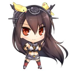 Rule 34 | 10s, 1girl, animal, animal on head, bare shoulders, bird, bird on head, black hair, breasts, brown hair, chibi, elbow gloves, fingerless gloves, gloves, hair ornament, hairband, headgear, kantai collection, large breasts, long hair, lowres, nagato (kancolle), navel, on head, personification, red eyes, rei (rei&#039;s room), simple background, skirt, solo, thighhighs, white background