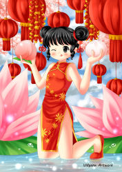 Rule 34 | 1girl, ;q, black eyes, black hair, carrying, china dress, chinese clothes, double bun, dress, dumpling, flower, in water, kneeling, lampion, looking at viewer, lotus, one eye closed, original, shoes, solo, tongue, tongue out, villyane