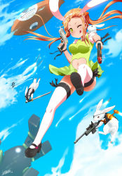 Rule 34 | 1girl, ;q, aircraft, animal ears, assault rifle, bad id, blush, brown hair, clothing cutout, cloud, dirigible, dual wielding, earrings, eyepatch, fake animal ears, flying, gun, hair ornament, handgun, heart, heart cutout, highres, holding, idfer, impossible clothes, jewelry, long hair, looking at viewer, mary janes, mask, navel, navel cutout, one eye closed, original, pistol, rabbit, rabbit ears, ribbon, rifle, scoped rifle, shoes, signature, sky, smoke, smoking barrel, solo, sword, thighhighs, tongue, tongue out, twintails, weapon, white legwear, wink, yellow eyes, zeppelin
