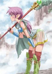 Rule 34 | 1girl, armor, bikini armor, blush, boots, cape, character request, highres, isedaichi ken, knee boots, leaning forward, long hair, pointy ears, ponytail, purple eyes, purple hair, see-through, solo, sorcerian, staff, thighhighs, weapon