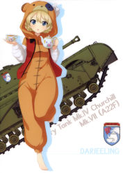 Rule 34 | 10s, 1girl, absurdres, animal costume, animal hood, barefoot, blonde hair, blue eyes, braid, character name, churchill (tank), cup, darjeeling (girls und panzer), full body, girls und panzer, highres, holding, hood, leg up, looking at viewer, military, military vehicle, motor vehicle, saucer, short hair, solo, standing, standing on one leg, tank, teacup, white background