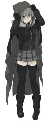 Rule 34 | 1girl, black gloves, black ribbon, black thighhighs, cape, cloak, commentary request, fate/strange fake, fate (series), full body, fur trim, gloves, gray (fate), green eyes, grey hair, hair between eyes, holding, hood, hood up, long hair, long sleeves, looking at viewer, lord el-melloi ii case files, ribbon, shiseki hirame, short hair, simple background, skirt, solo, split mouth, standing, thighhighs, white background