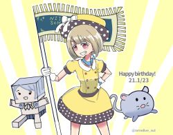 Rule 34 | 1girl, amesuru, amesuru (mofman wh), artist name, artist request, bare legs, blue bow, blue choker, blush, bow, bow gloves, breasts, brown hair, buttons, choker, collarbone, collared shirt, female focus, flag, gloves, grey hair, hand on own hip, hat, hat bow, highres, holding, holding flag, light brown hair, looking at viewer, love live!, love live! nijigasaki high school idol club, love live! school idol festival, nakasu kasumi, parted lips, polka dot, polka dot headwear, polka dot skirt, poppin&#039; up (love live!), puffy short sleeves, puffy sleeves, purple eyes, red eyes, shirt, short hair, short sleeves, skirt, small breasts, smile, solo, white bow, white gloves, yellow hat, yellow shirt, yellow skirt